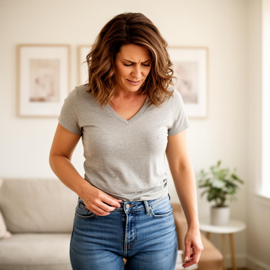 Woman in her 40s looking down at snug jeans, mildly uncomfortable